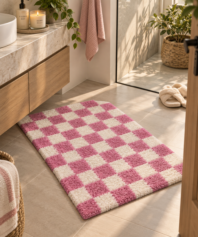 Loom & Linen Checkered Chenille Doormat 20x32”– Soft Absorbent Floor Mat for Entrance, Bedroom & Bathroom - Pink