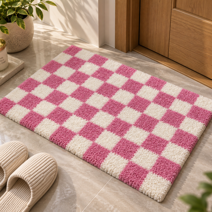 Loom & Linen Checkered Chenille Doormat 20x32”– Soft Absorbent Floor Mat for Entrance, Bedroom & Bathroom - Pink