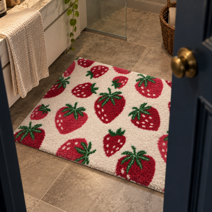 Loom & Linen Strawberry Chenille Doormat 20x32”– Soft Absorbent Floor Mat for Entrance, Bedroom & Bathroom