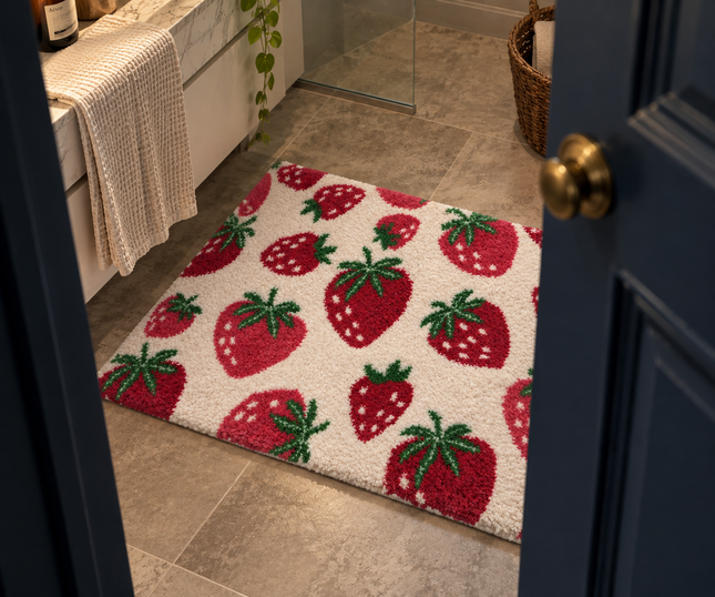 Loom & Linen Strawberry Chenille Doormat 20x32”– Soft Absorbent Floor Mat for Entrance, Bedroom & Bathroom