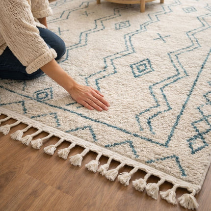 Ivory & Teal Geometric Moroccan Style Shag Rug with Tassels – Soft Plush Area Carpet