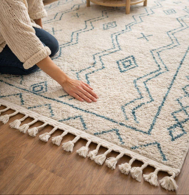 Ivory & Teal Geometric Moroccan Style Shag Rug with Tassels – Soft Plush Area Carpet