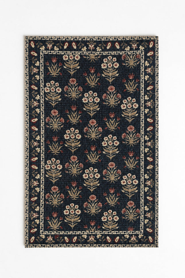 Midnight Botanical Vintage Style Bathmat - Indoor Woven Mat with Floral Border - 20"x30"