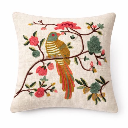 Embroidered Bird Cushion Cover – Floral Cotton Decorative Throw Pillow Cover with Boho Nature Design
