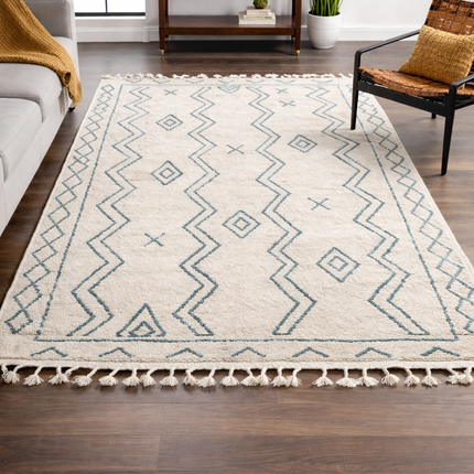 Ivory & Teal Geometric Moroccan Style Shag Rug with Tassels – Soft Plush Area Carpet