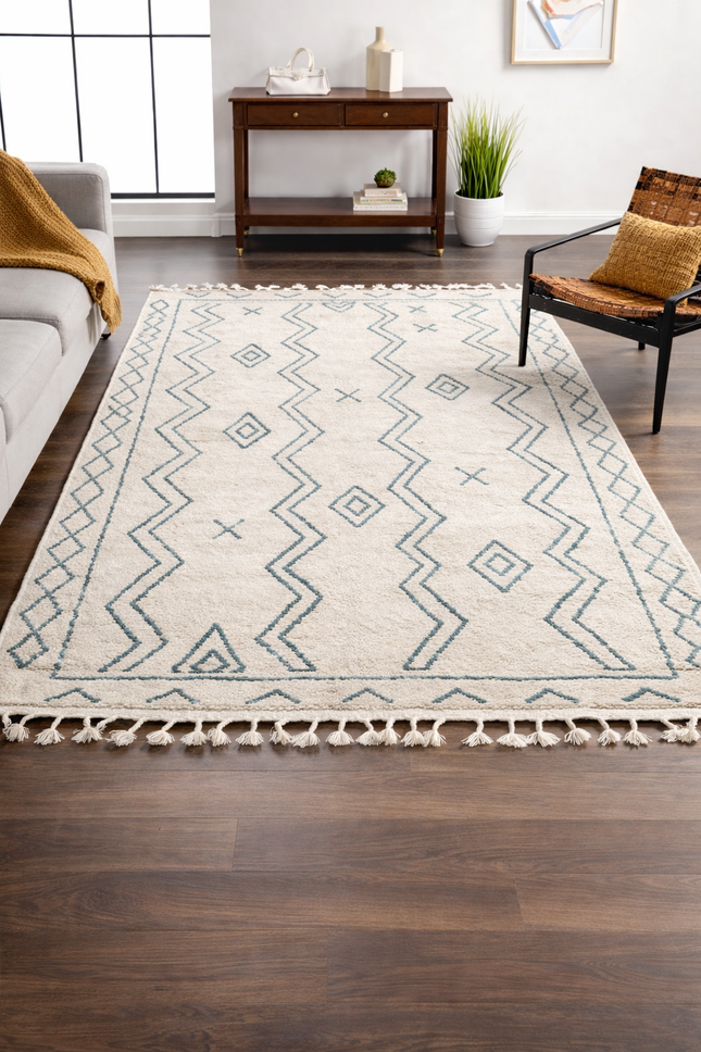 Ivory & Teal Geometric Moroccan Style Shag Rug with Tassels – Soft Plush Area Carpet