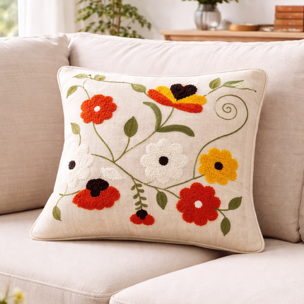 Boho Wildflower Embroidered Cushion Cover – Colorful Floral Cotton Throw Pillow