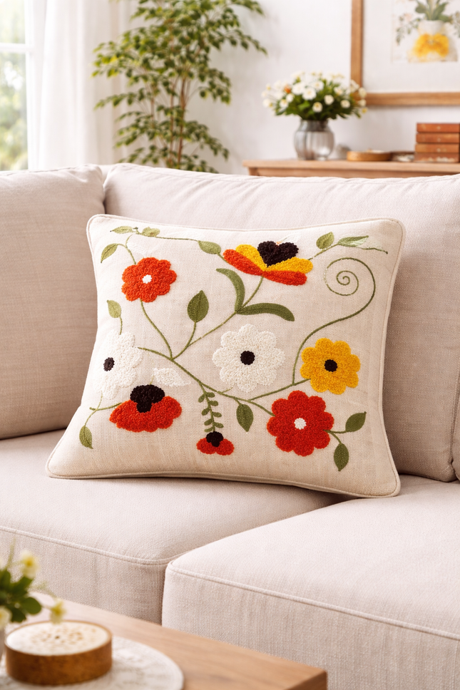 Boho Wildflower Embroidered Cushion Cover – Colorful Floral Cotton Throw Pillow