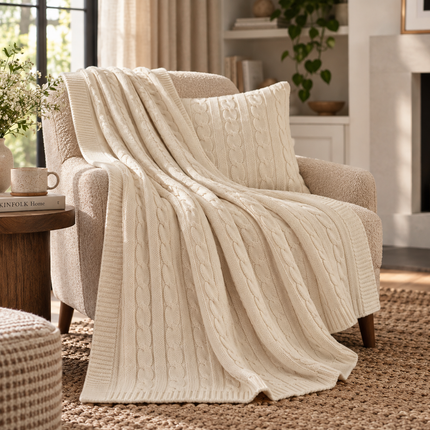 Ivory Cable Knit Throw Blanket – 70 × 90 Inch | Soft Textured Decorative Sofa & Bed Throw