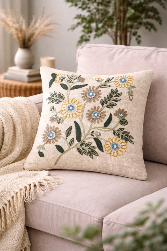 Vintage Meadow Embroidered Cushion Cover – Floral Cotton Decorative Throw Pillow