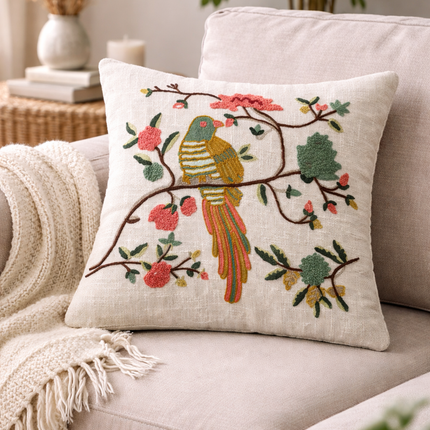 Embroidered Bird Cushion Cover – Floral Cotton Decorative Throw Pillow Cover with Boho Nature Design