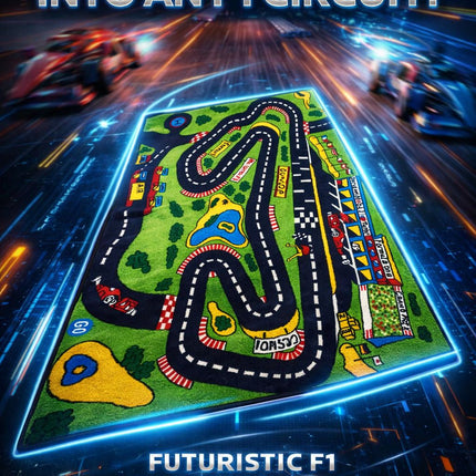 Kids Formula Racing Track Carpet – F1 Style Play Rug with Roads & Cars for Kids Room