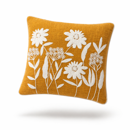 Mustard Daisy Embroidered Cushion Cover – Boho Floral Cotton Throw Pillow