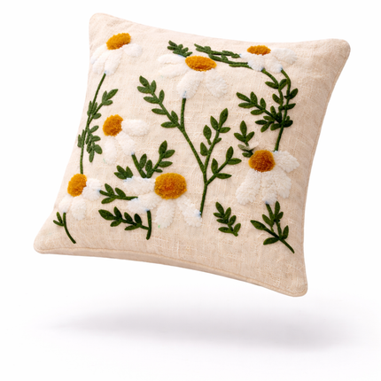 Boho Daisy Embroidered Cushion Cover – White Floral Cotton Decorative Throw Pillow
