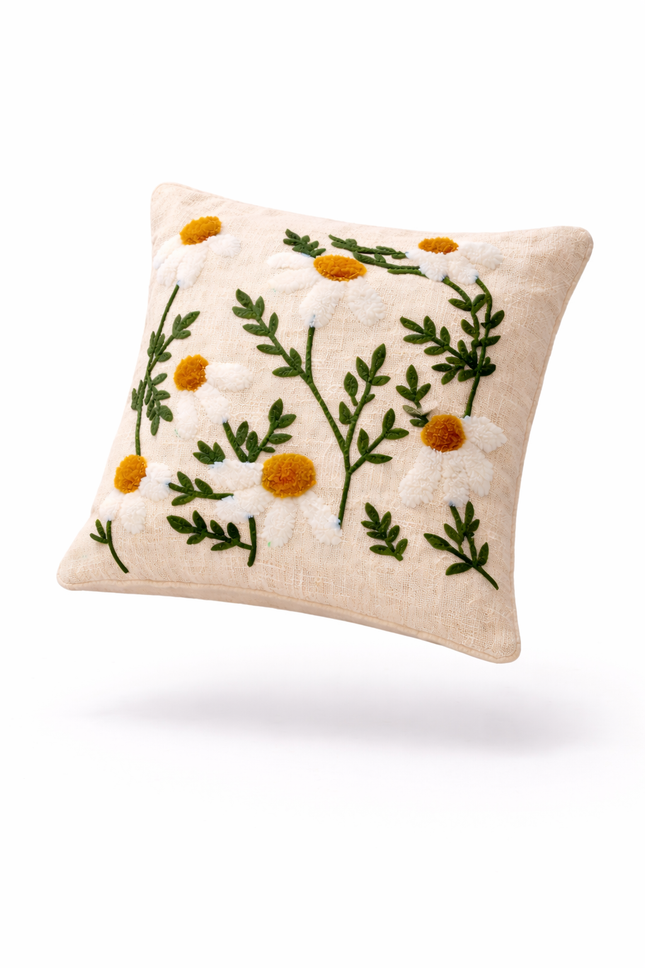 Boho Daisy Embroidered Cushion Cover – White Floral Cotton Decorative Throw Pillow