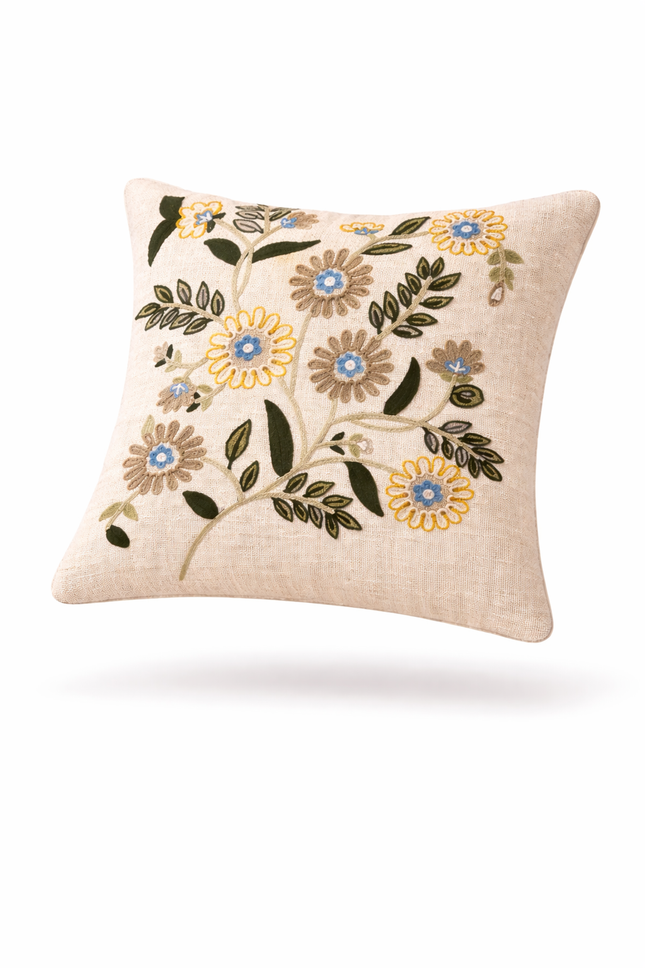 Vintage Meadow Embroidered Cushion Cover – Floral Cotton Decorative Throw Pillow