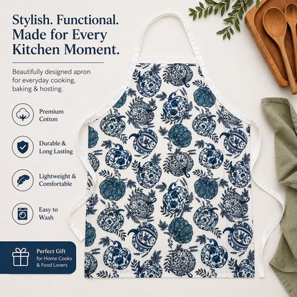 Blue Floral Pumpkin Kitchen Apron – Premium Cotton Cooking & Baking Apron for Women