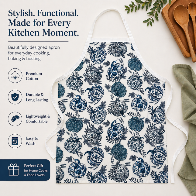 Blue Floral Pumpkin Kitchen Apron – Premium Cotton Cooking & Baking Apron for Women
