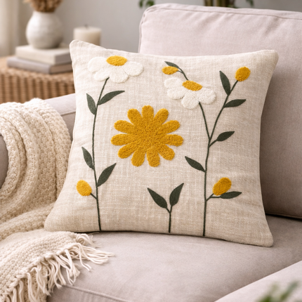 Embroidered Daisy Cushion Cover – Floral Cotton Throw Pillow Cover in Neutral Beige with Yellow Flowers