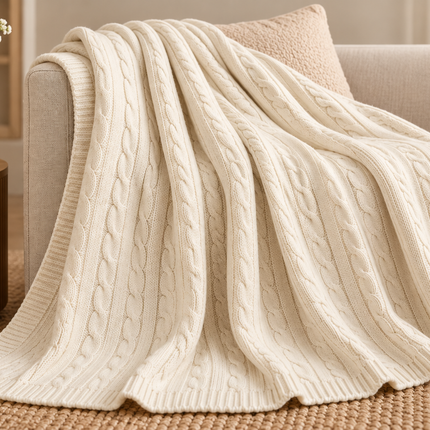Ivory Cable Knit Throw Blanket – 70 × 90 Inch | Soft Textured Decorative Sofa & Bed Throw