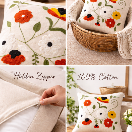 Boho Wildflower Embroidered Cushion Cover – Colorful Floral Cotton Throw Pillow